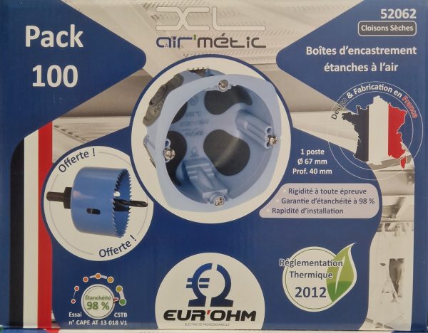 Eur'Ohm -CARTONS DE 100 Boîtes d'encastrements+ 1 SCIE CLOCHE OFFERTE - XL AIR'métic - 1 poste - prof. 40 mm - Réf : 52062