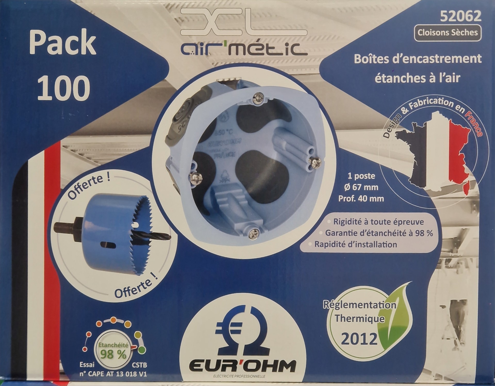 Eur'Ohm -CARTONS DE 100 Boîtes d'encastrements+ 1 SCIE CLOCHE OFFERTE - XL AIR'métic - 1 poste - prof. 40 mm - Réf : 52062